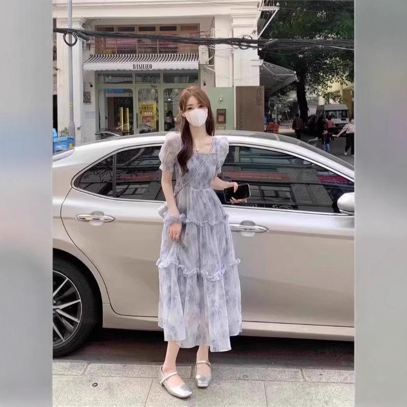 French Mori Super Fairy Bubble Sleeve Dress Women's Summer Large Size Fat Mm Gentle Wind Skinny Chiffon Princess Dress