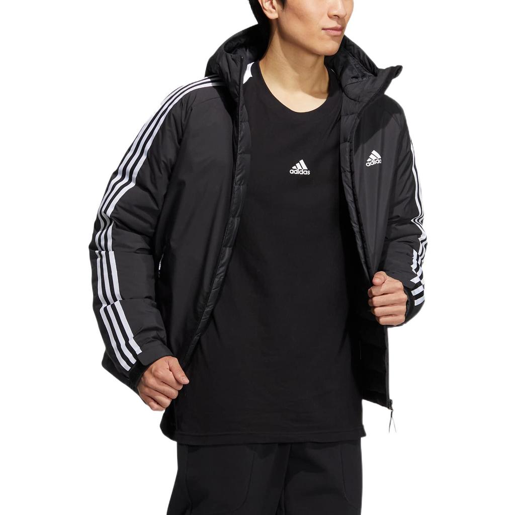 adidas Solid Striped Logo Print Hooded Zip Down Jacket Men Outerwear Black HN2123