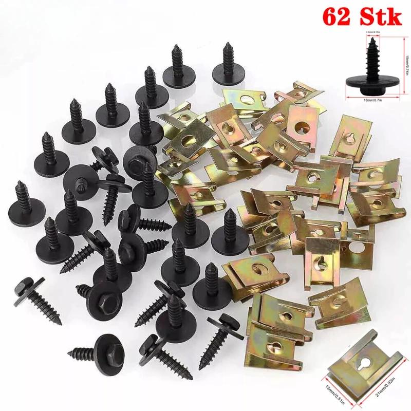 40/62/100pcs U Nut Hex Screw Speed Fastener Undertray Sheet Metal Clip Fixing Engine Guard Washers Car Body Fender Bumper Screws 40pcs