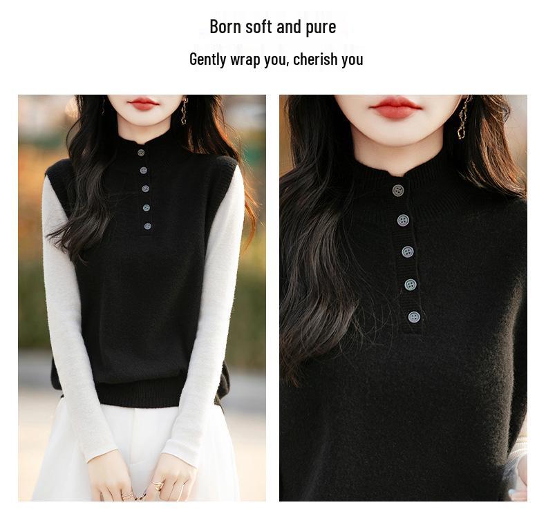 Women's 100% Wool Half-Open Button-Up Knit Vest - Sleeveless, Versatile, Solid Color Pullover with Half-High Collar