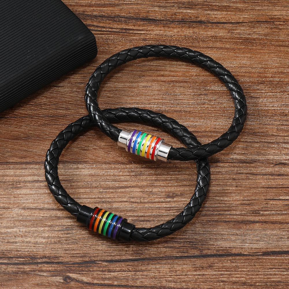 Rainbow Woven Leather Rope Bracelet with Magnetic Clasp - European & American Style