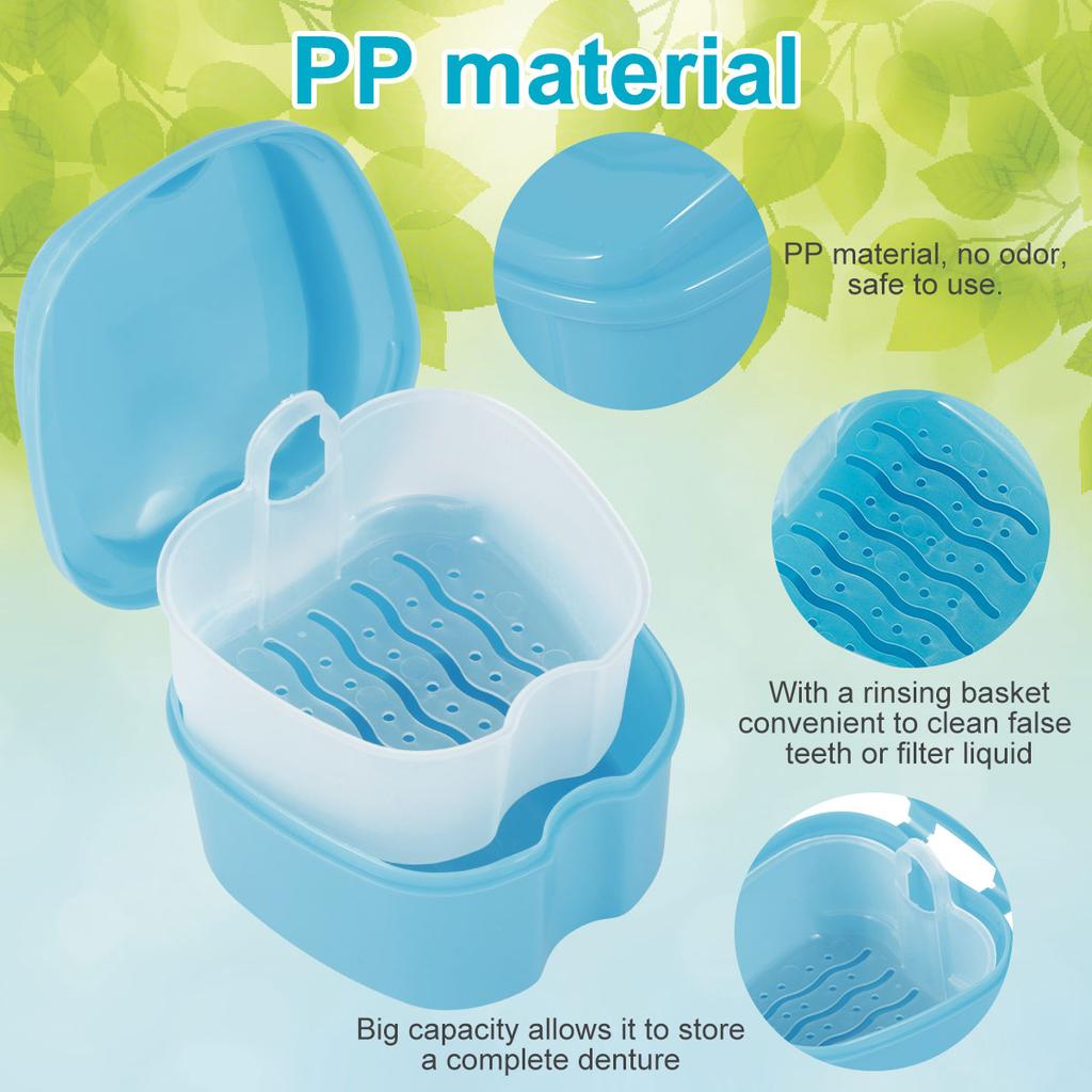 Denture Bath Box Cleaning Teeth Case Portable False Teeth Storage Case with Hanging Net Container Denture Boxs Soaking Container