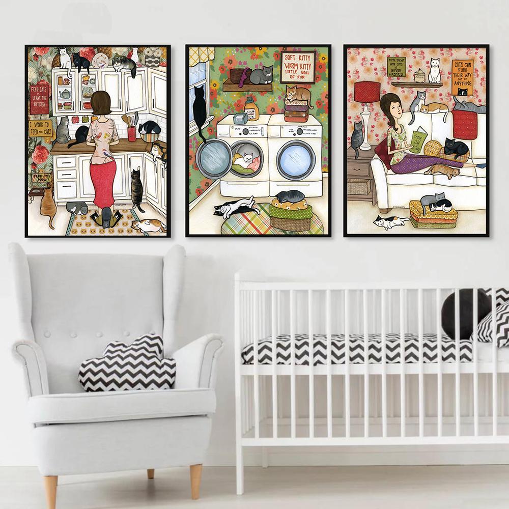 Amuzant pisici negre doamnă spălătorie imprimeuri postere culoare nordică pictură abstractă pânză artă perete imagini toaletă decor baie