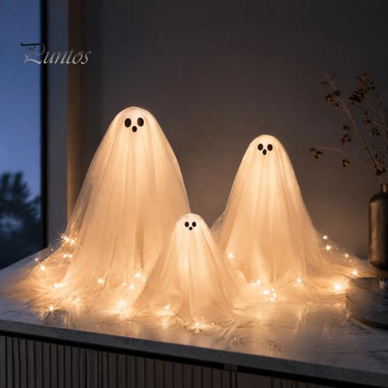 Outdoor Halloween Decorations 3Pcs Lighted Ghost Table Decor, LED Lamp, White Luminous Adjustable Height Decor Centerpiece, Spooky Tabletop