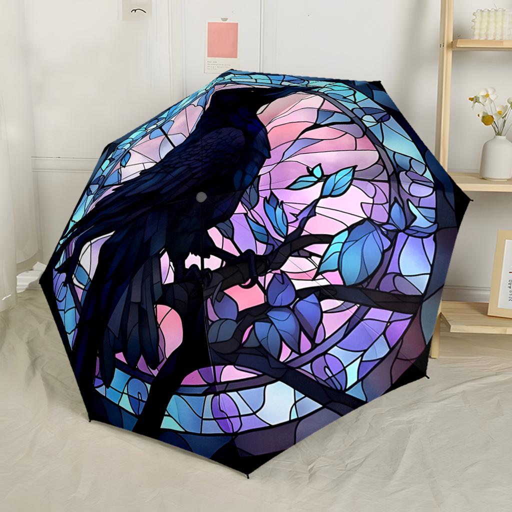 Gothic Raven And Skull Automatic Umbrella Compact 8-Rib Design Sturdy Construction Durable Everyday Carry Umbrella Stylish Accessory Spiritual Gift