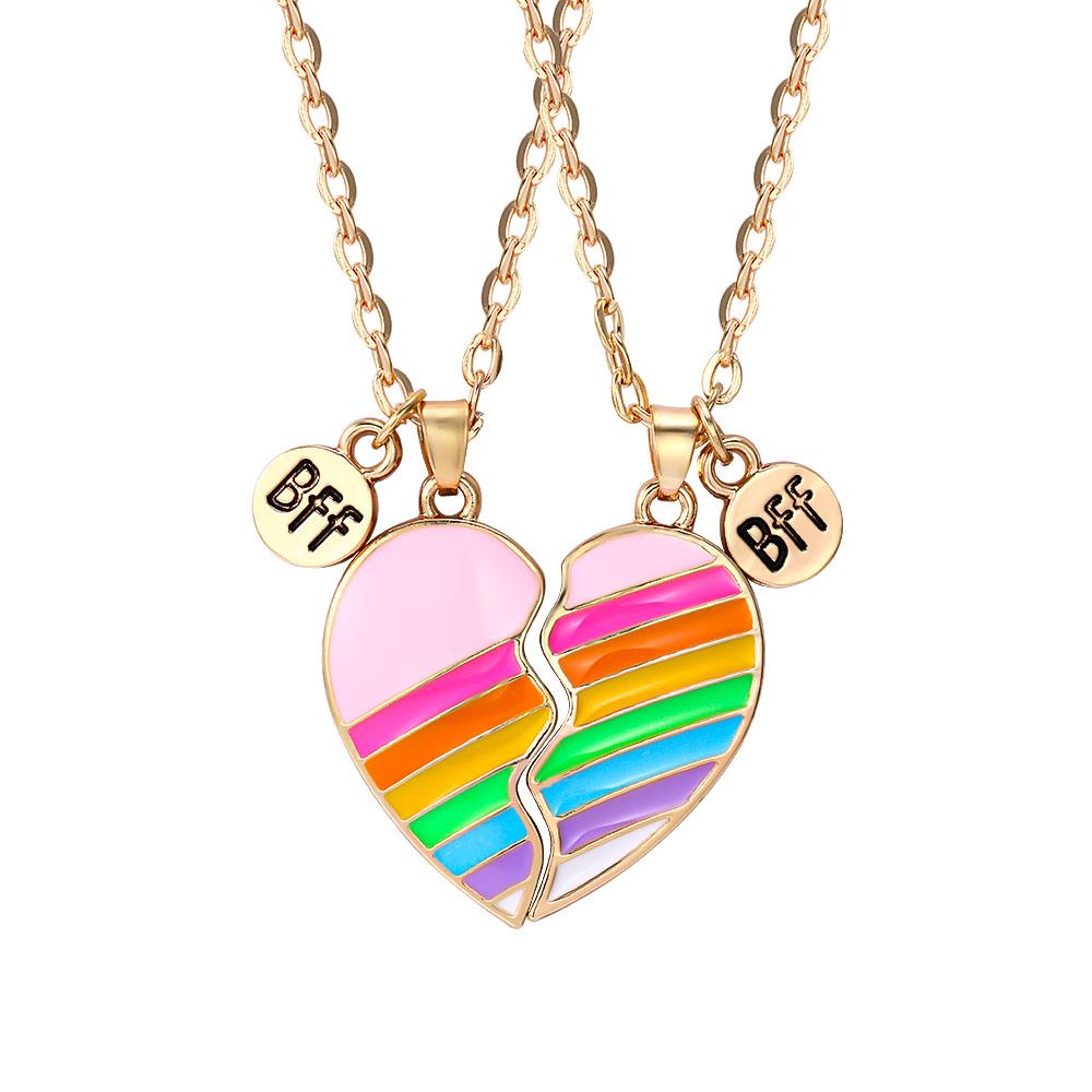 Set di 2 Collane con Ciondolo a Mezzo Cuore Colorato Catena con Perline Fascino Migliori Amici Choker Gioielli BFF Per Bambini Amicizia