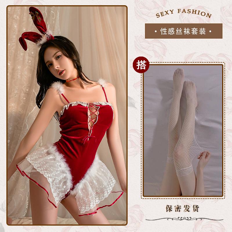 Velvet Embroidered Lace Lingerie Female Christmas Bunny Sexy Uniform Seduction Sao Perspective Suit Seduction