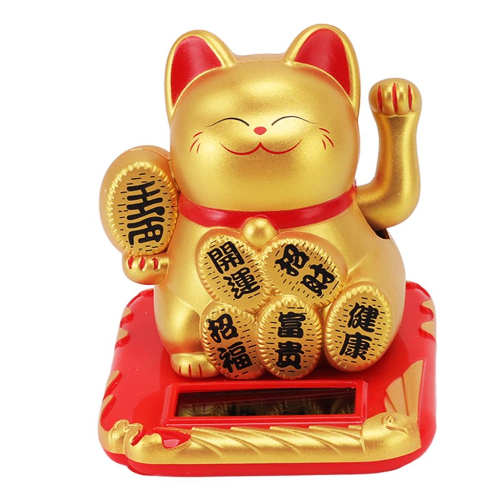 Solar Powered Waving Cat Wealth Welcoming Solar Cute Happy Lucky Cat Fortune Cat Statue Ornament for Home Car Decor