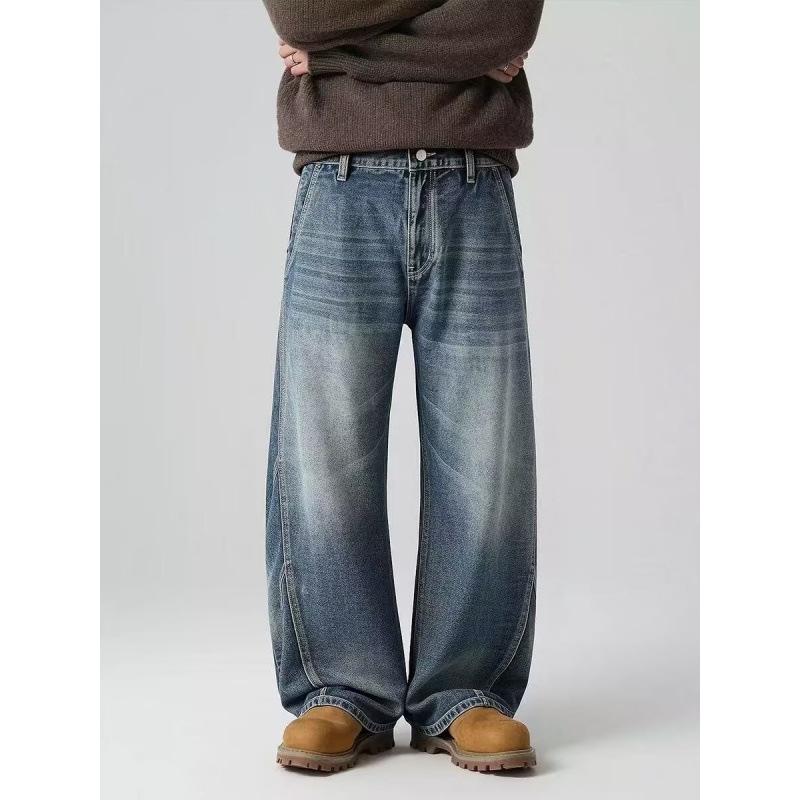 Washed Old American Retro Wide-leg Scimitar Jeans Men's Spring Trendy High Street Loose Straight Jeans Men