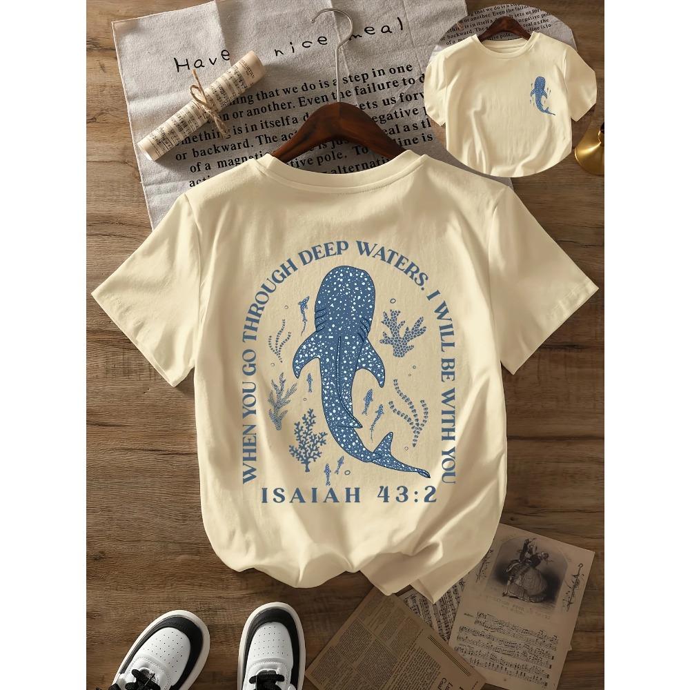 

Round neck beach whale shark print t-shirt short sleeves women s casual tops Summer and spring Women s T-shirt Tees M