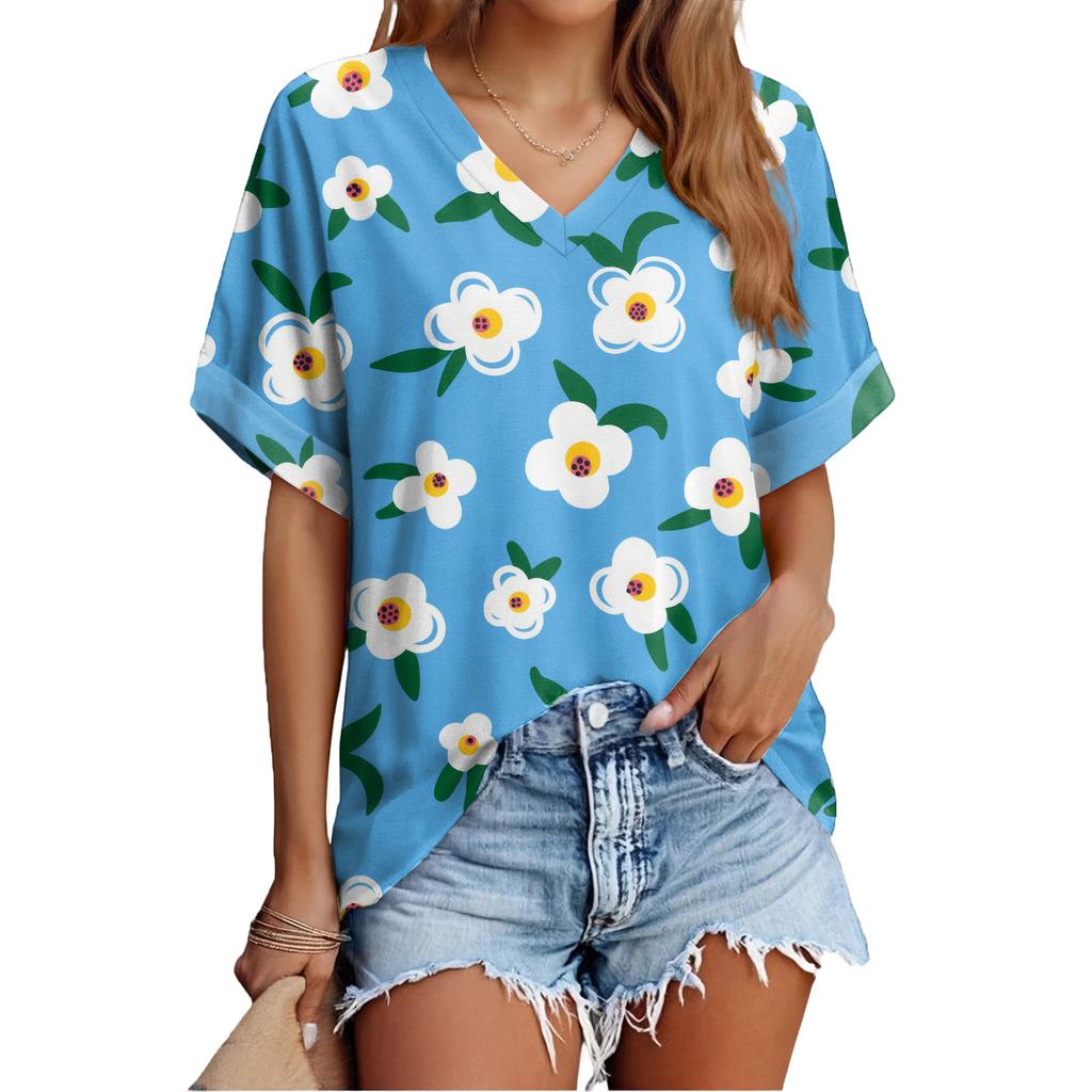 Top de Verano Casual Versátil a la Moda para Mujer con Estampado Floral Delgado de Manga Corta