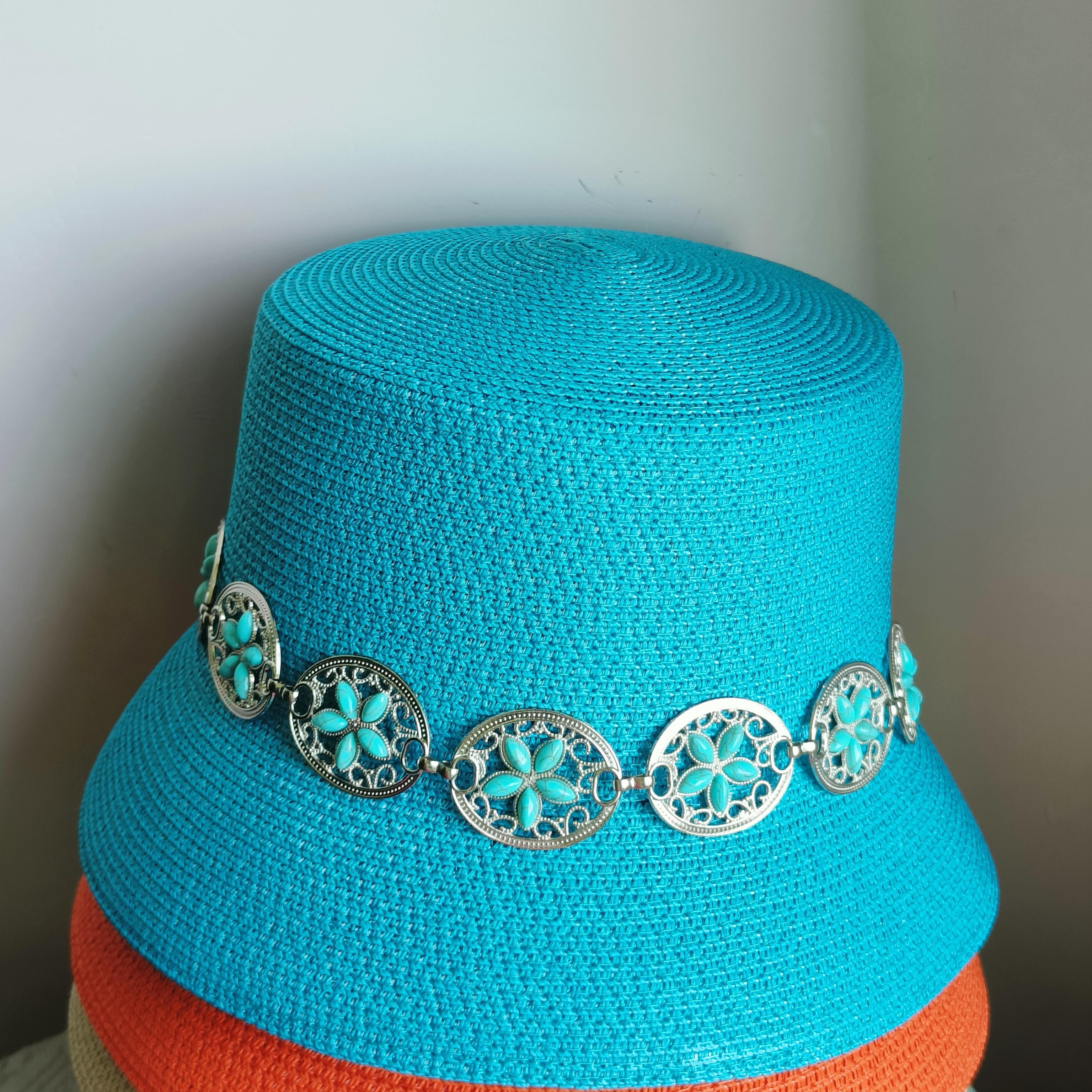 

summer women fishermen hat luxury bucket straw hats for girl sun hat Turquoise chain decoration solid beach hat can foldable M56-58