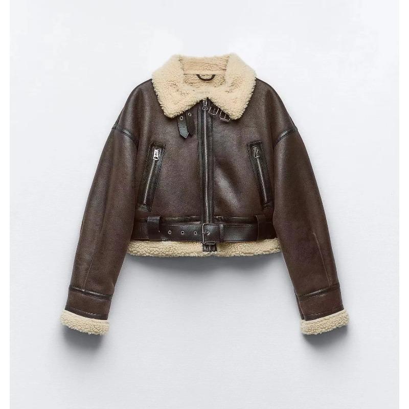 Winter Women's Street Wear Sheepskin Fur Bomber Jacket with Belt Motorcycle Thick Warm Sheepskin Overcoat Jacket