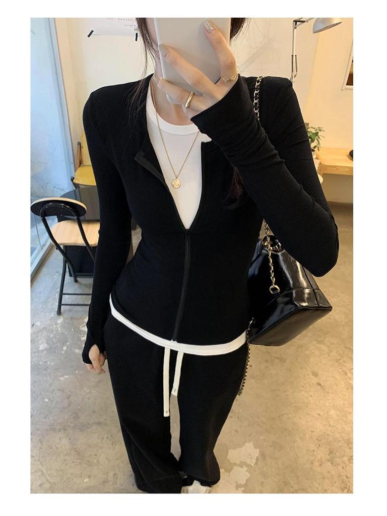 Women's Korean Style Colorblock Zip-Up Cardigan Long Sleeve T-Shirt - Autumn/Winter 2024 Slimming Top