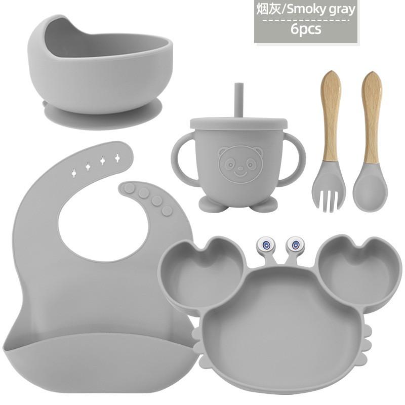Silicone Dinner Plate Set Baby Children Learning To And Drink Feeding Tableware Baby 6pcs  Crab Compartment Food Bowl