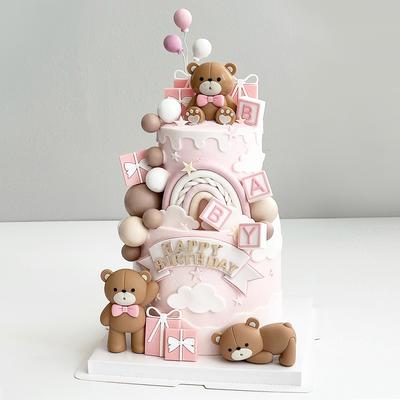Narzutki na tort w kształcie misia, kule, dekoracje na tort z literami BABY na baby shower, materiały na przyjęcie urodzinowe z motywem misia (Dziewczynka)
