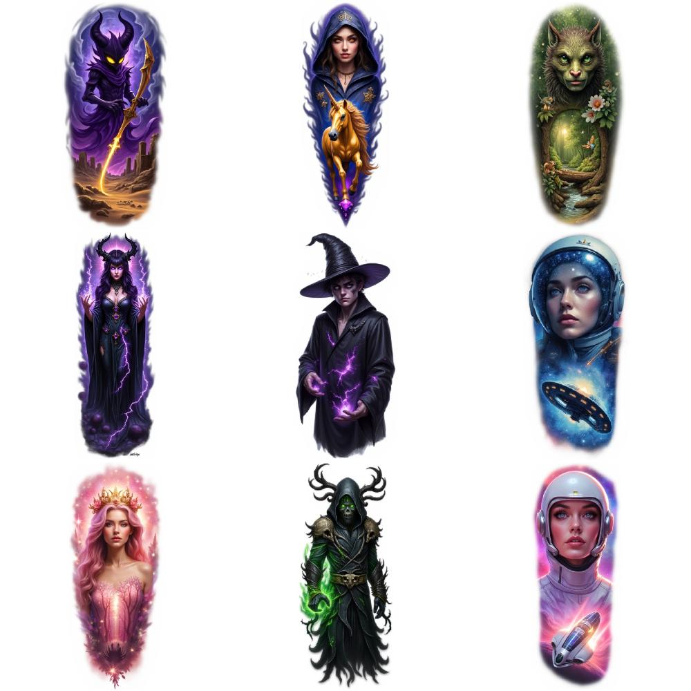 9pcs Temporary Tattoo Colorful Realism Alien Woman With UFO Wizard With Staff Dark Warrior With Scythe For Adult Arms Male