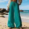 Damenhose Hohe Taille Weiter Bein Lockerer Schnitt Kordelzug Elastischer Bund Bohemian Stil Lang