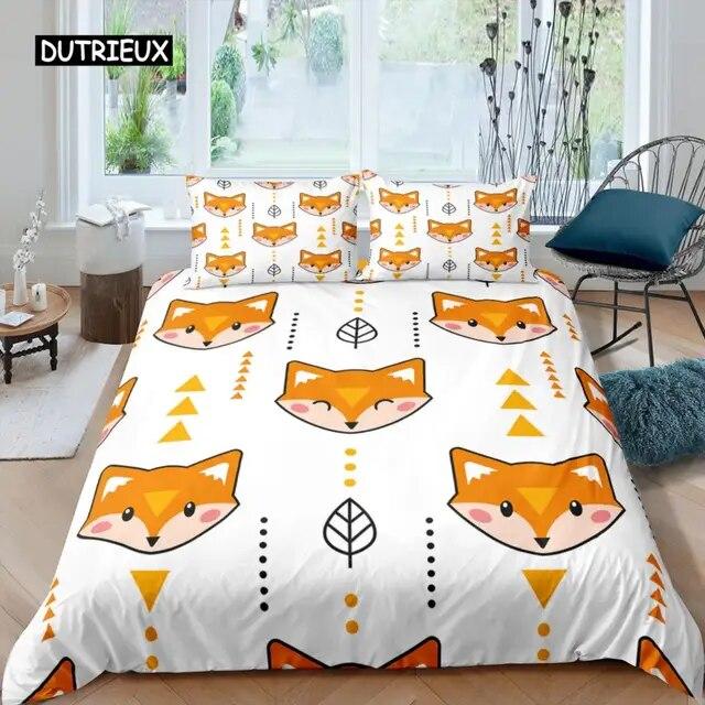 Cartoon Fox King Queen Duvet Cover Lovely Orange Animal Floral Bedding Set Kids Girls Flowers Plant 2/3pcs Polyester Quilt Cover Three Piece Set