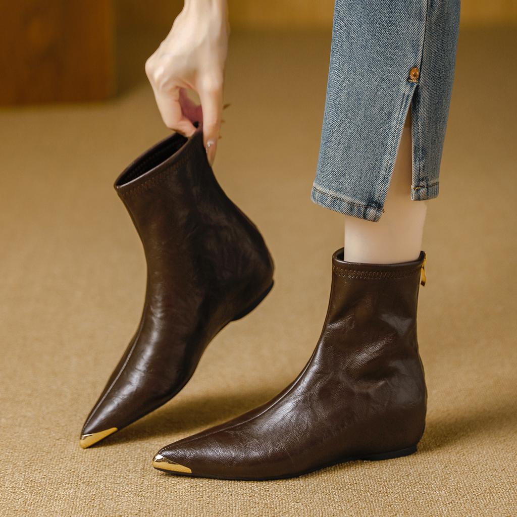 Fashion pointed elastic thin boots 2025 autumn and winter new inner height increase versatile comfortable commuting soft leather small short boots wom