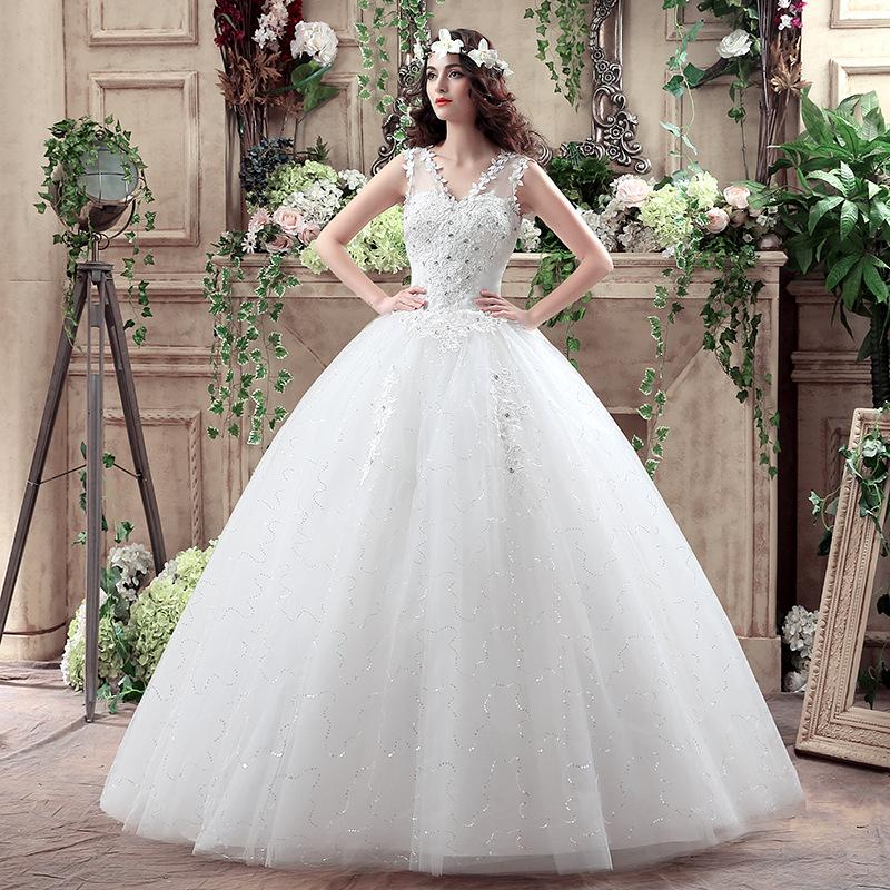 Women Ruched Sequined Lace Up White Big Swing Wedding Dresses
