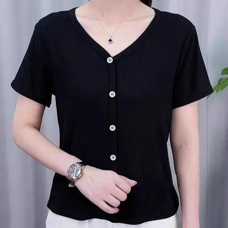 

Летний хлопковый топ с V-образным вырезом, приталенный, с коротким рукавом - Женская мода больших размеров L чёрный