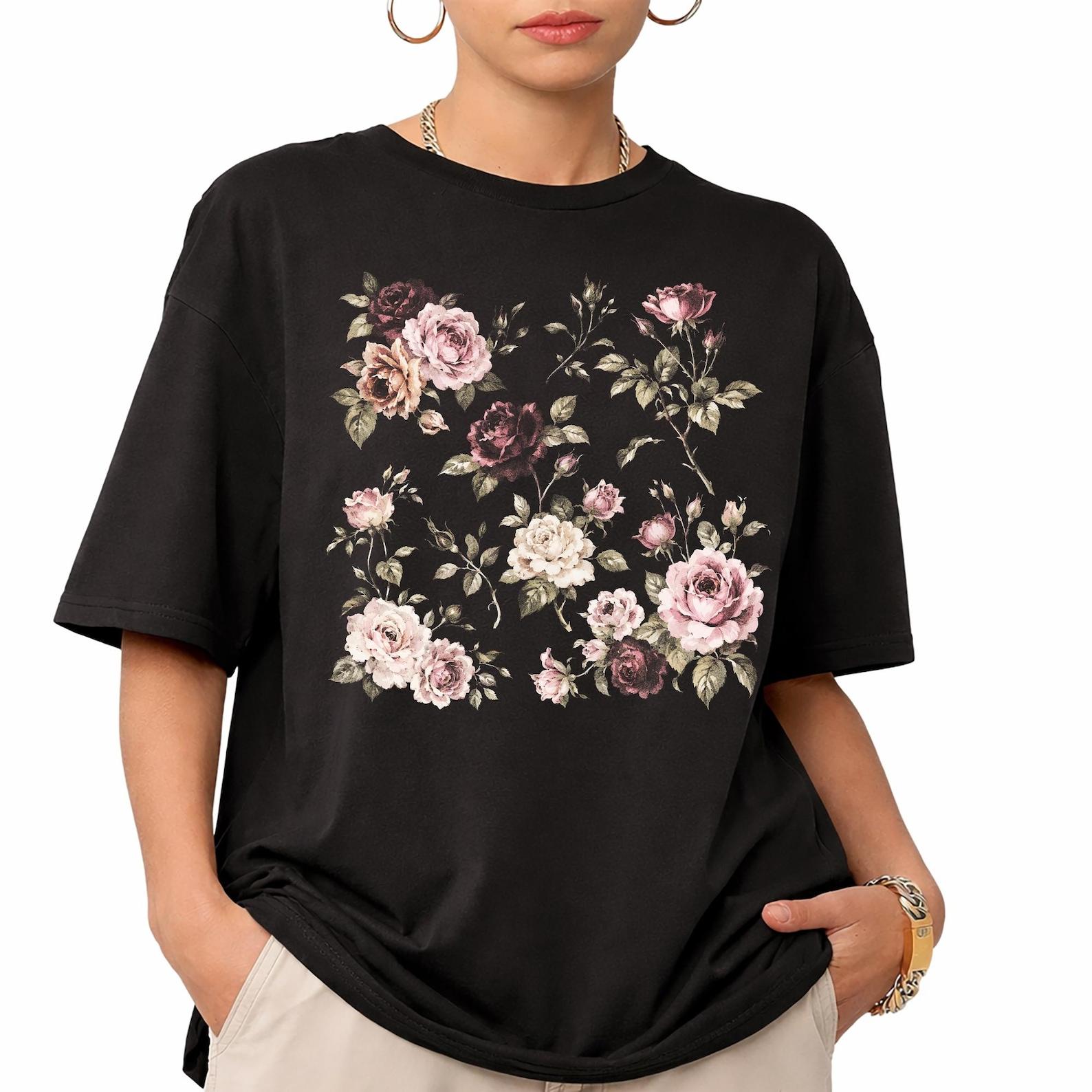 Vintage Botanical Rose T-Shirt, Dark Academia Floral Nature Top, Streetwear T-Shirt S