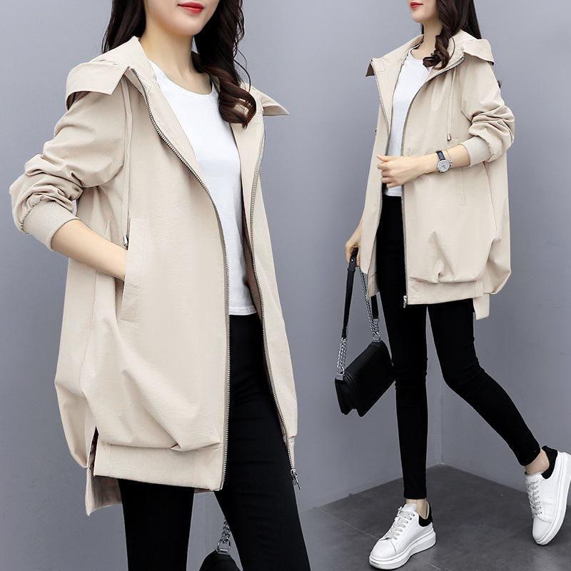 Khaki Loose Korean-Style Mid-Length Hooded Trench Coat for Women - Black Temperament Outerwear for Spring and Autumn