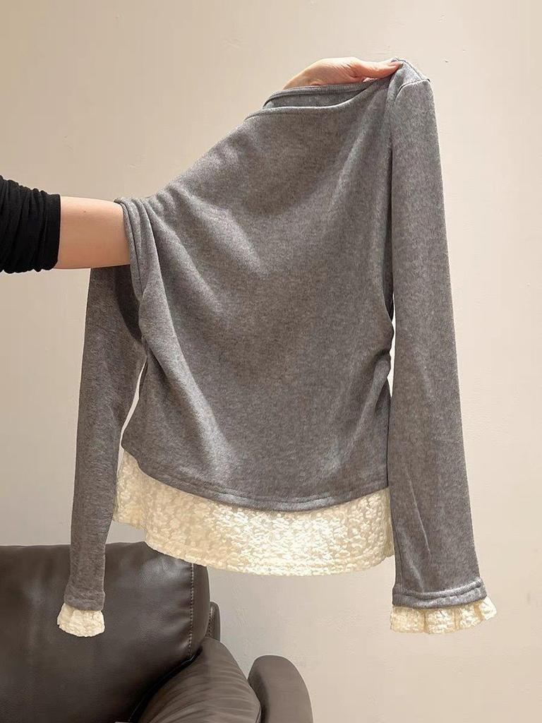 Women's Ruched One-Shoulder Long-Sleeve Top with Lace Hem, Perfect for Early Spring