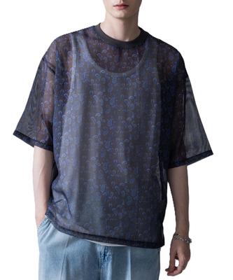 WEGO Mesh Pattern Ensemble Pullover Short Sleeve Summer Korean Size Pattern 2 Men's Shirt, Top, Clothes, Style, L,