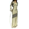 Spring Women Dress Solid Color Round Neck Long Horn Sleeve Satin Floor Length Tight Waist Soft Breathable Evening Dress Prom Party Maxi Dress