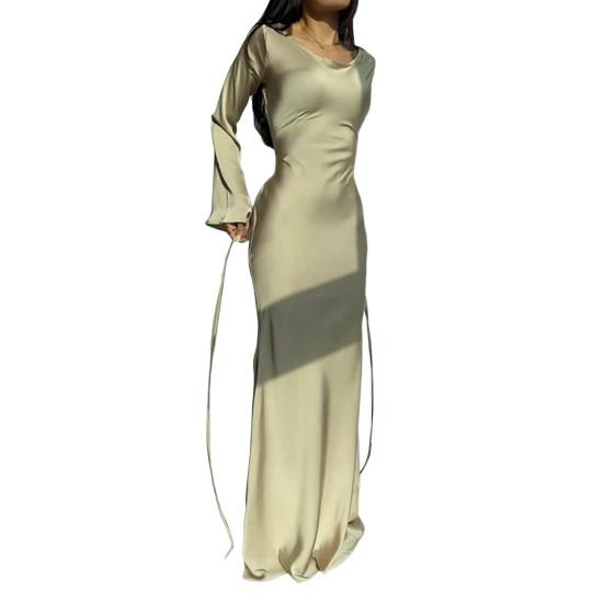 Spring Women Dress Solid Color Round Neck Long Horn Sleeve Satin Floor Length Tight Waist Soft Breathable Evening Dress Prom Party Maxi Dress