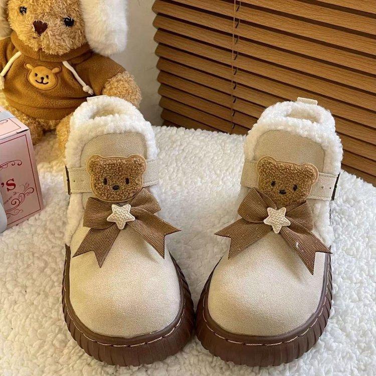 

Те же милые зимние ботинки с медведем женские 2024 года, новые зимние бархатные утолщенные ботинки на платформе из хлопка большого размера 40