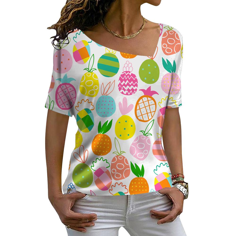 V-Ausschnitt Diagonalkragen Damen Kurzarm Mode Lässig Locker Pullover T-Shirts Sommer 3D Floral Bedrucktes T-Shirt Für Damen