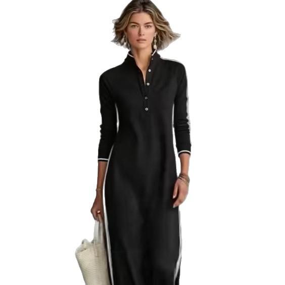 Black Long Sleeve Collar Dress with White Buttons and Stripes