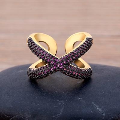 Charm Simple X Shape Cross Copper Zircon Ring Luxury CZ Stone 5 Colors High Quality Wedding Party Finger Adjustable Open Ring