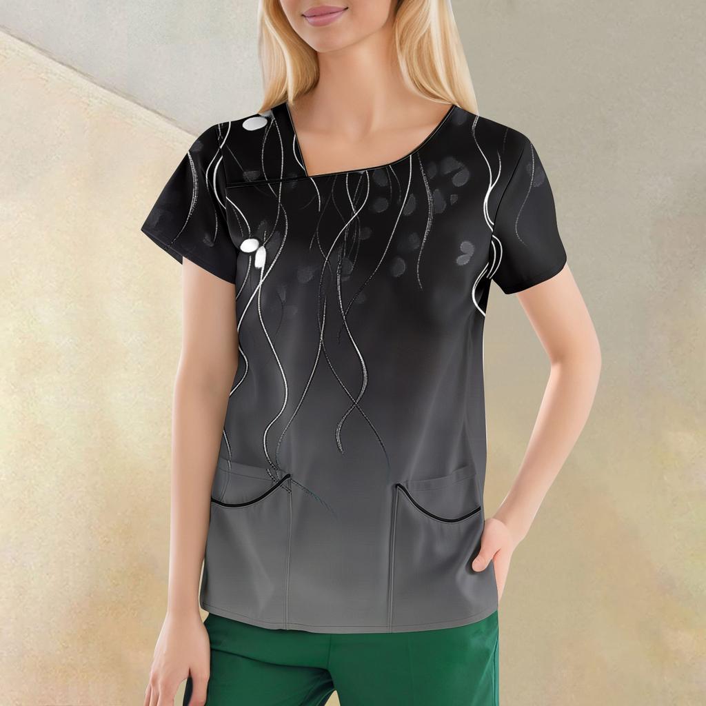 Women's Casual  Print Short Sleeve Sloping Collar Workwear Top With Double Pockets