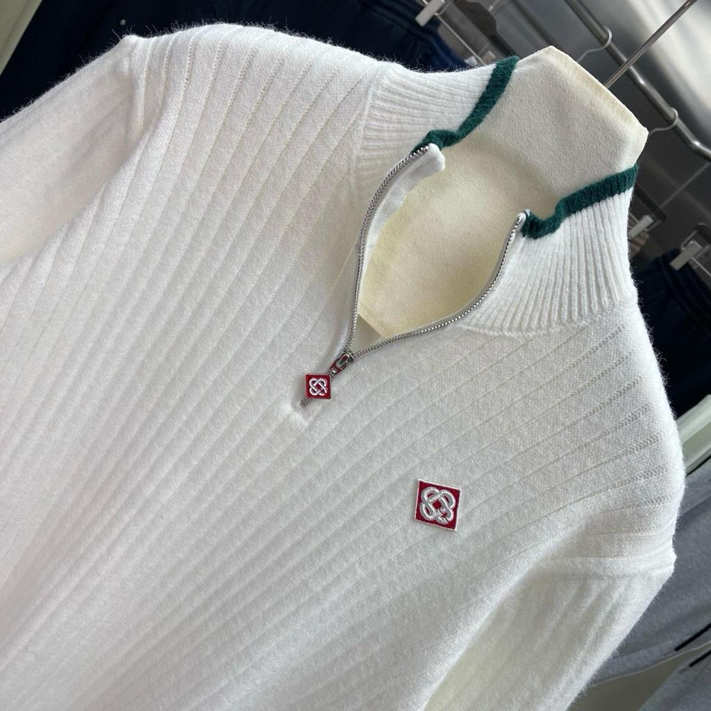 Suéter Camiseta de Malha de Manga Curta Transfronteiriço Europeu-Americano com Gola Alta e Logo Bordado no Peito