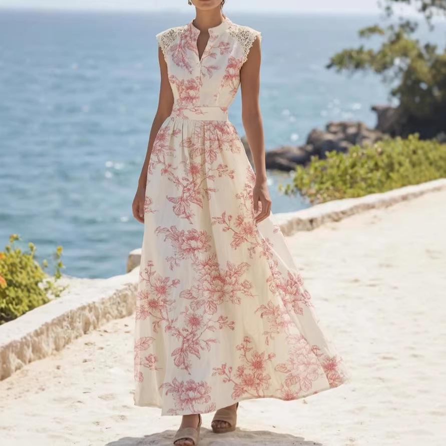 

Elegant Lace Patchwork Floral Dress with Short Sleeves L рожевий