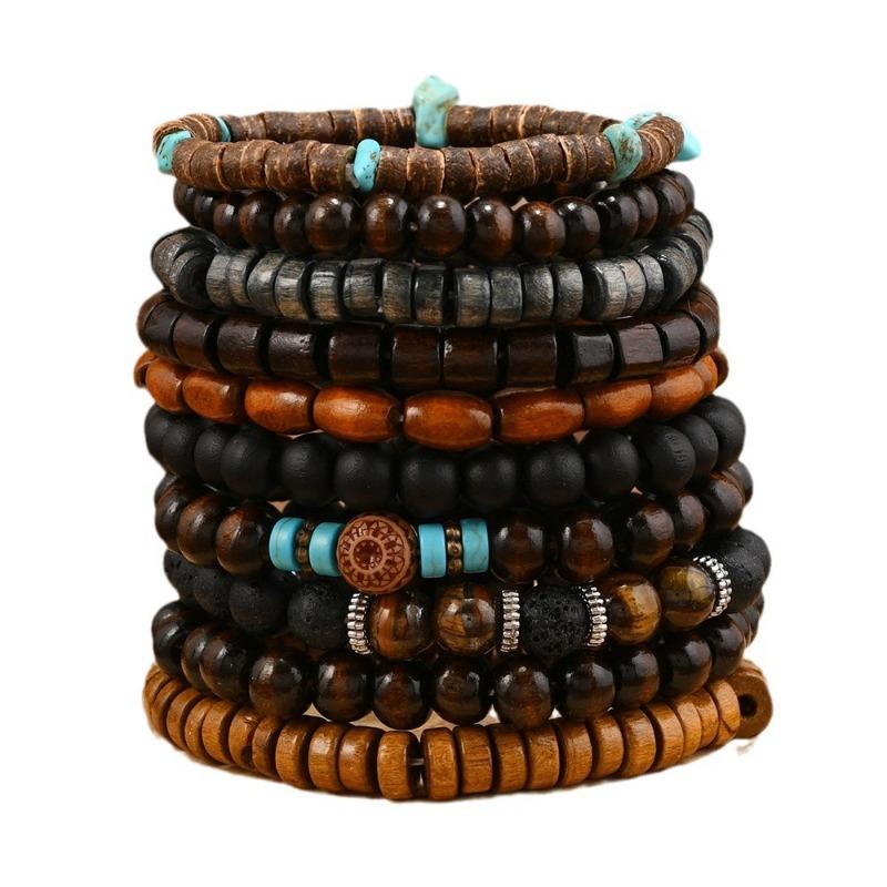 TEMU New 10-piece Set of Coconut Shell Wood Beads Beaded Elastic Line Men's Bracelet Bracelet Bracelet