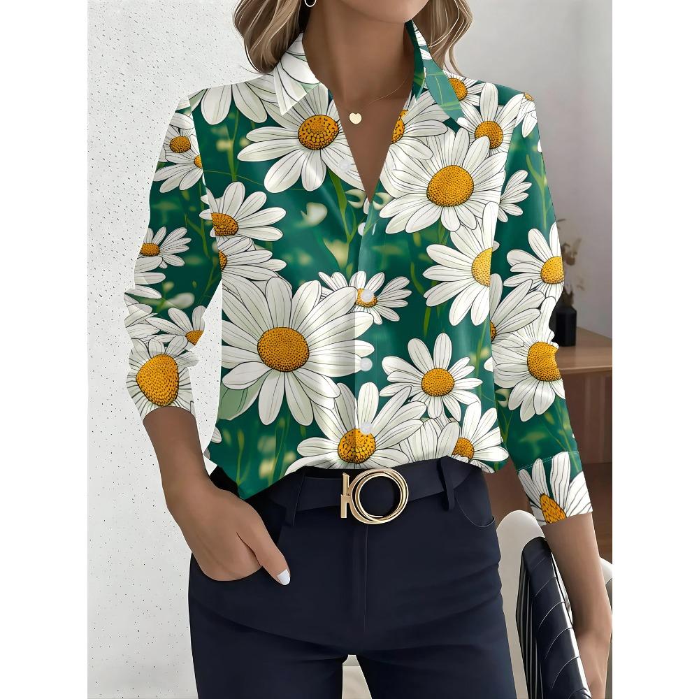 Women's long-sleeved shirt, fresh daisy floral design, comfortable, breathable and skin-friendly