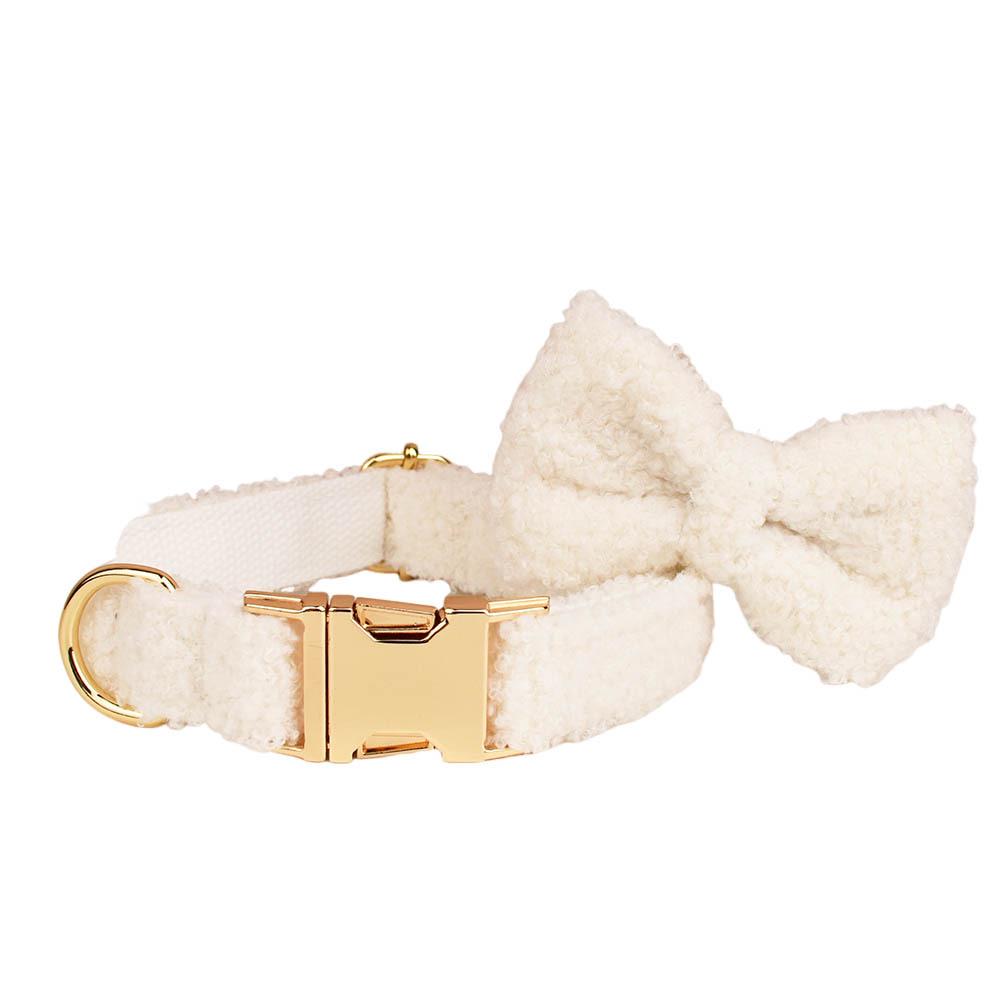 White Teddy Fleece Dog Collar & Leash Set with Custom Engraving