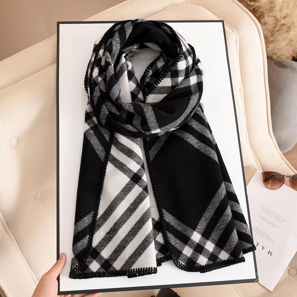 Black wool scarf women's winter luxury double-sided plaid pattern warm neck thickened imitation cashmere shawl