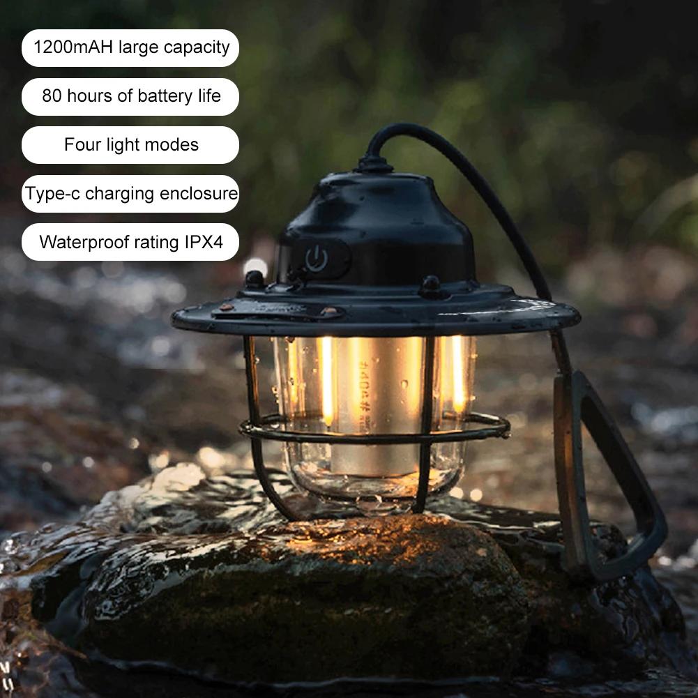 LED Camping Lantern Vintage Tent Lamp 4 Light Modes Hanging Tent Light Multifunction IPX4 Waterproof for Outdoor BBQ Traveling