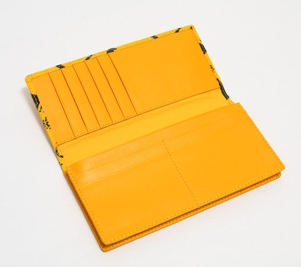 Hasegawa Deerskin Inden Long Wallet with Bill Compartment, Unisex (Yellow Cat Design)