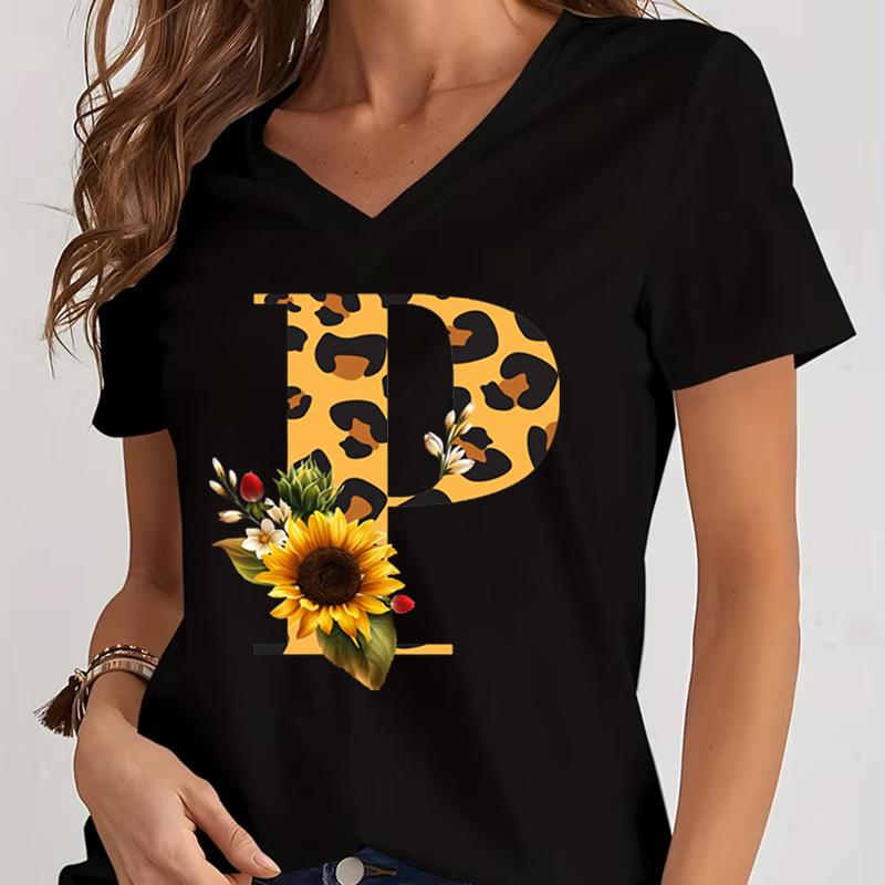 Women's V-Neck T-Shirt Sunflower Leopard Print Letter B Tee Top Floral Animal Print Initial Casual Tee A-Z 26 Alphabet Clothes
