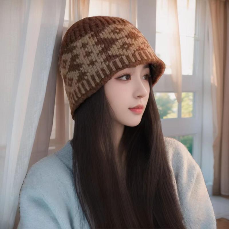 Retro, Diamond Grid Knitted Woolen Hat, Women, Winter, Big Head Circumference, Small Face, Warm and Cold Proof, Hooded Hat, Winter Warm Hat