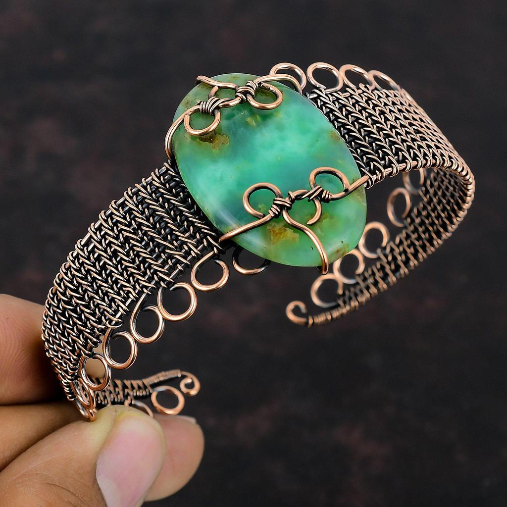 Chrysoprase Bangle Copper Wire Wrapped Bangle Adjustable Cuff Bracelet Handmade Gemstone Bracelet Copper Wire Wrapped Jewelry Gift For Women