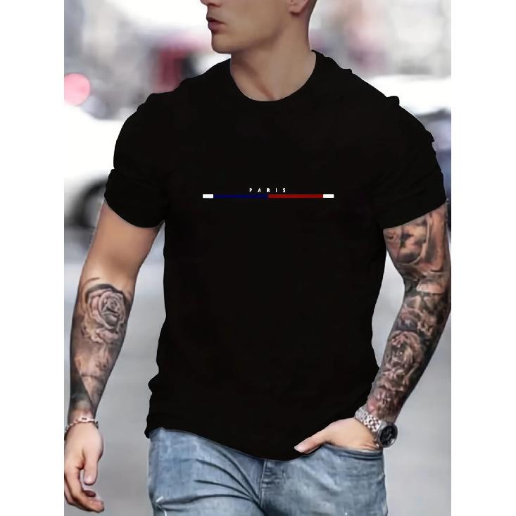 Men's Cotton Paris Print T-shirt Top Man O-neck Short Sleeve Loose Casual Tshirt
