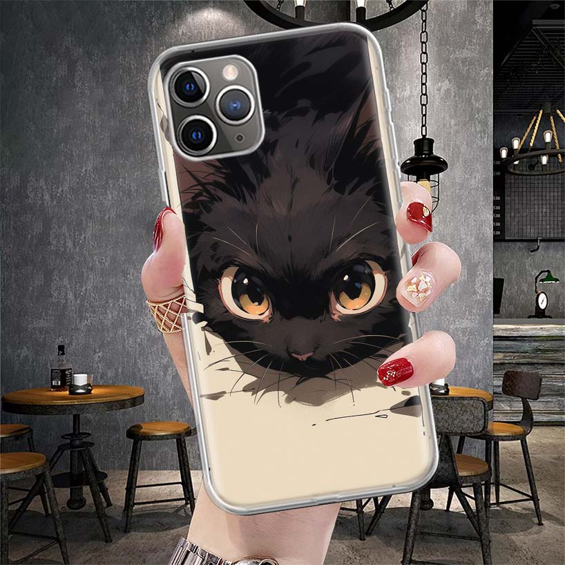 Anime Cute Black Cat Meow Soft Phone Case For IPhone 11 17 Air 16E 16 Pro Max 15 + 14 Plus 13 Mini 12 Apple 7 SE 8 Fundas Coque